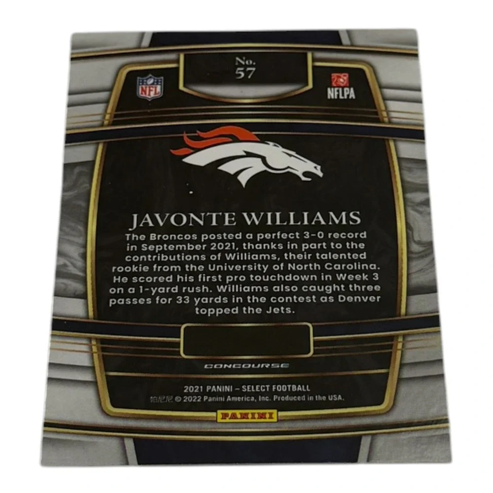 2021 Panini Select Javonte Williams Rookie Card 57 Concourse Denver Broncos RC